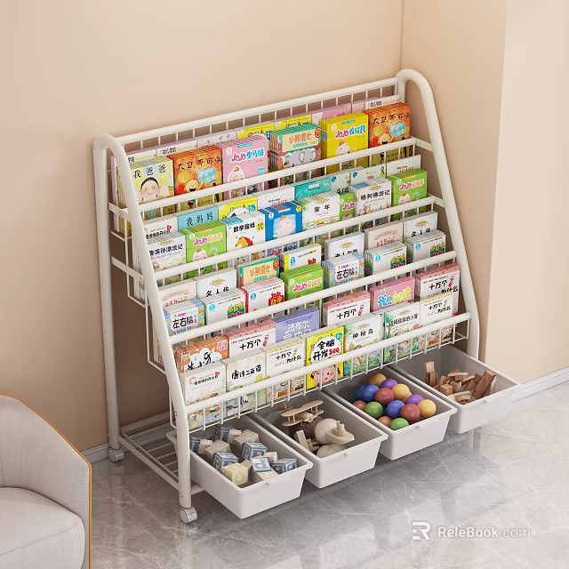 Practical Multi tier Storage Shelf with Colorful Boxes Lower Drawers and Toy Organizing Space 3d model 