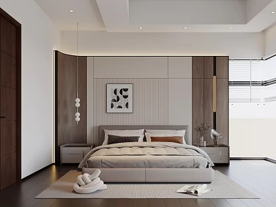 Modern Minimalist Bedroom With Wooden Striped Accent Wall Pendant Lights Bedside Tables And Natural Light 3d model