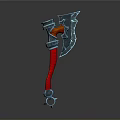 Ornate Battle Axe With Blue Metallic Head And Red Wrapped Handle Design
