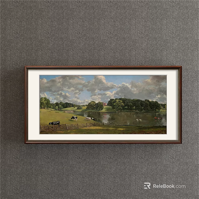 Framed Landscape Painting Featuring Green Grassland Cows Lake Sky With Clouds And Distant Building 3d model 