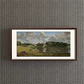 Framed Landscape Painting Featuring Green Grassland Cows Lake Sky With Clouds And Distant Building