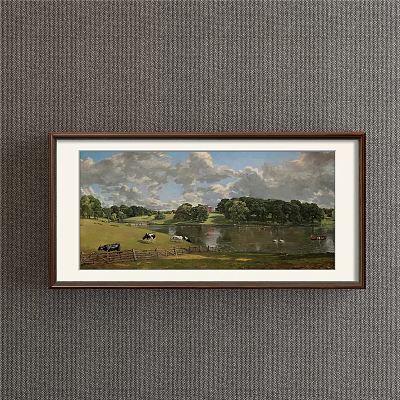 Framed Landscape Painting Featuring Green Grassland Cows Lake Sky With Clouds And Distant Building 3d model