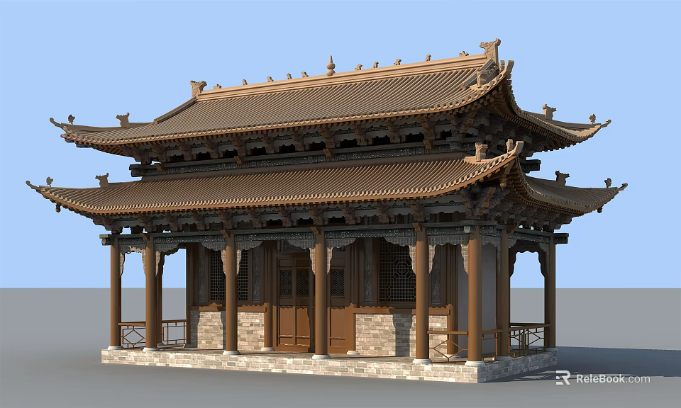Traditional Ancient Chinese Architectural Structure With Flying Eaves Wooden Columns And Tile Roof 3d model 