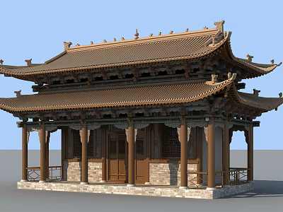 Traditional Ancient Chinese Architectural Structure With Flying Eaves Wooden Columns And Tile Roof 3d model