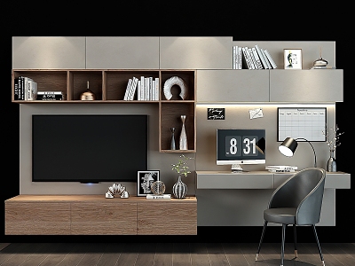 Modern one-piece desk TV cabinet background wall 3d model