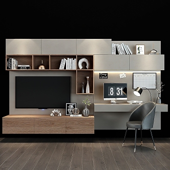 Modern one-piece desk TV cabinet background wall 3d model