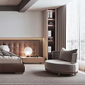 Modern Bedroom Interior Design With Comfortable Bed Stylish Headboard Ambient Lighting And Bookshelves