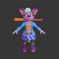 Game And Movie Character Stylish Cartoon Cat With Pink Ears Blue Coat Yellow Baseball Bat