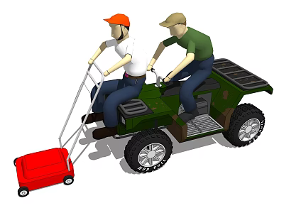 Agricultural Equipment With Green Four Wheeled Vehicle And Red Mower Operated By Two People 3d model