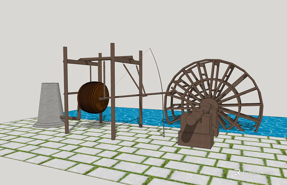 Rustic Garden Ornament with Water Wheel Well Frame Water Pool and Paved Ground 3d model 