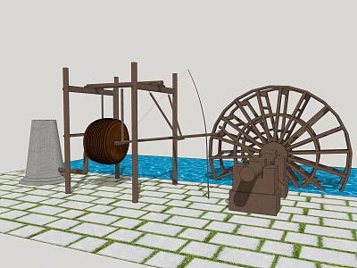 Rustic Garden Ornament with Water Wheel Well Frame Water Pool and Paved Ground 3d model