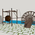 Rustic Garden Ornament with Water Wheel Well Frame Water Pool and Paved Ground