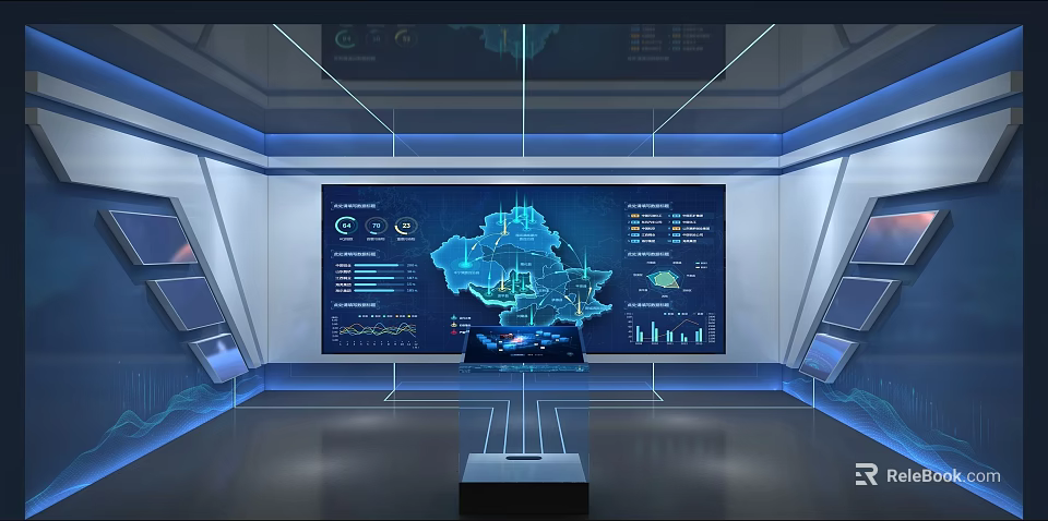 Futuristic Control Room With Large Display Screen Showing Data Visualization Map And Charts 3d model