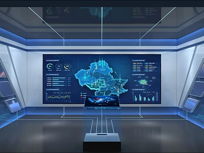 Futuristic Control Room With Large Display Screen Showing Data Visualization Map And Charts 3d model