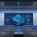 Futuristic Control Room With Large Display Screen Showing Data Visualization Map And Charts 3d model