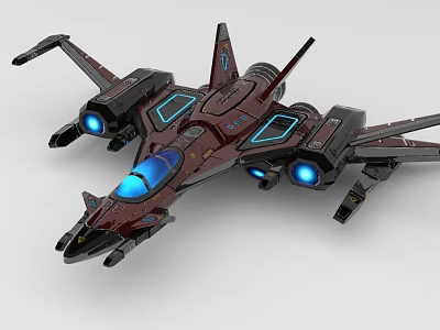 Futuristic Dark Colored Fighter Jet With Blue Glowing Engines And Detailed Structure 3d model