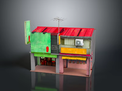 Vibrant Two Story Building Featuring Green Wall Red Roof Yellow Awning And Antenna 3d model