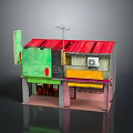Vibrant Two Story Building Featuring Green Wall Red Roof Yellow Awning And Antenna