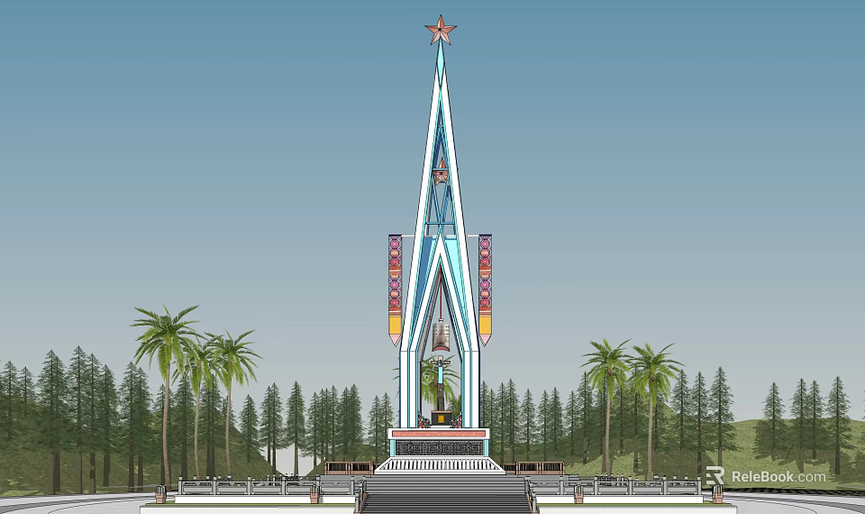 Tall Spire Tower With Red Star Top And Colorful Decorations Surrounded By Palm Trees 3d model 