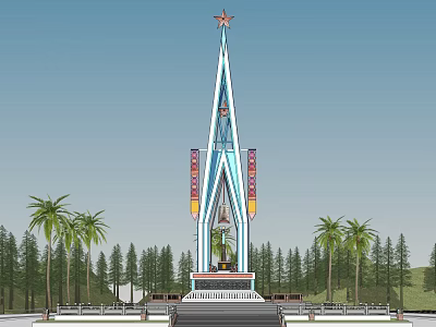Tall Spire Tower With Red Star Top And Colorful Decorations Surrounded By Palm Trees 3d model