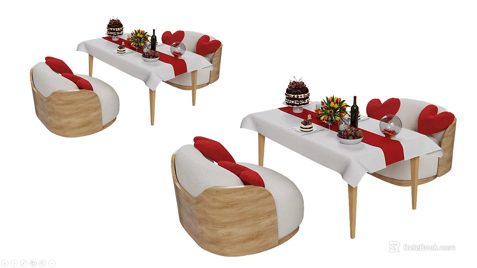 Wooden Table And Chair Set With White Tablecloth Red Stripes Cake Flowers And Wine Glasses 3d model 