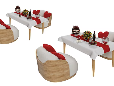 Wooden Table And Chair Set With White Tablecloth Red Stripes Cake Flowers And Wine Glasses 3d model