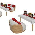 Wooden Table And Chair Set With White Tablecloth Red Stripes Cake Flowers And Wine Glasses