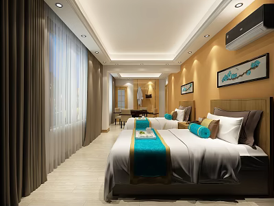 Cozy Modern Hotel Room With Double Beds Decorative Paintings Dark Curtains And Light Wooden Flooring 3d model