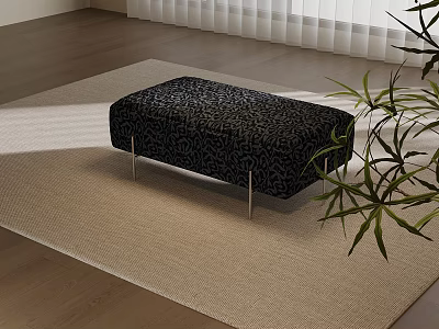 Black Patterned Fabric Bench With Metal Legs On Beige Rug Near Window Plant 3d model
