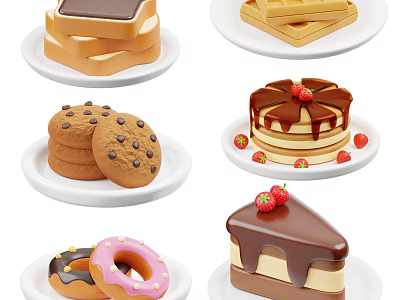 Assorted Desserts Including Chocolate Toast Waffles Cookies Pancakes Donuts Cake And Strawberries On White Plates 3d model
