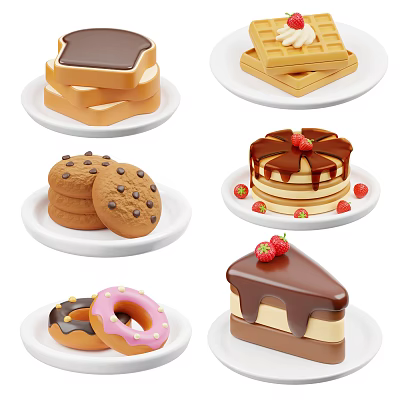 Assorted Desserts Including Chocolate Toast Waffles Cookies Pancakes Donuts Cake And Strawberries On White Plates 3d model