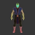 Masked Warrior Character With Blue Sleeveless Outfit Black Pants And Metallic Accessories