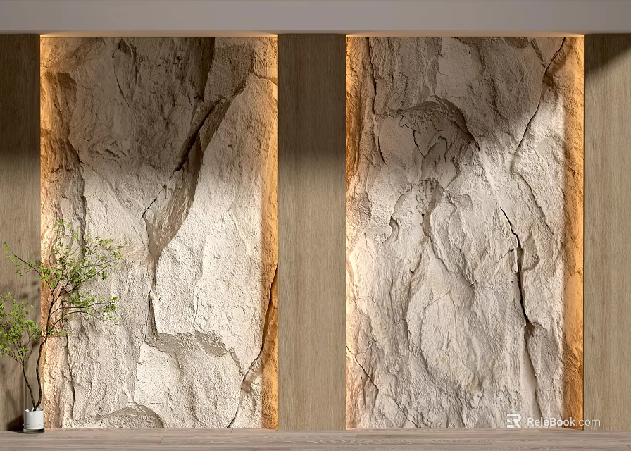 Natural Rock Texture Background Wall With Light Beige Surface Wooden Frame And Green Plant 3d model 