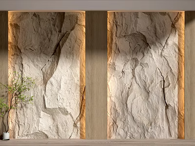 Natural Rock Texture Background Wall With Light Beige Surface Wooden Frame And Green Plant 3d model