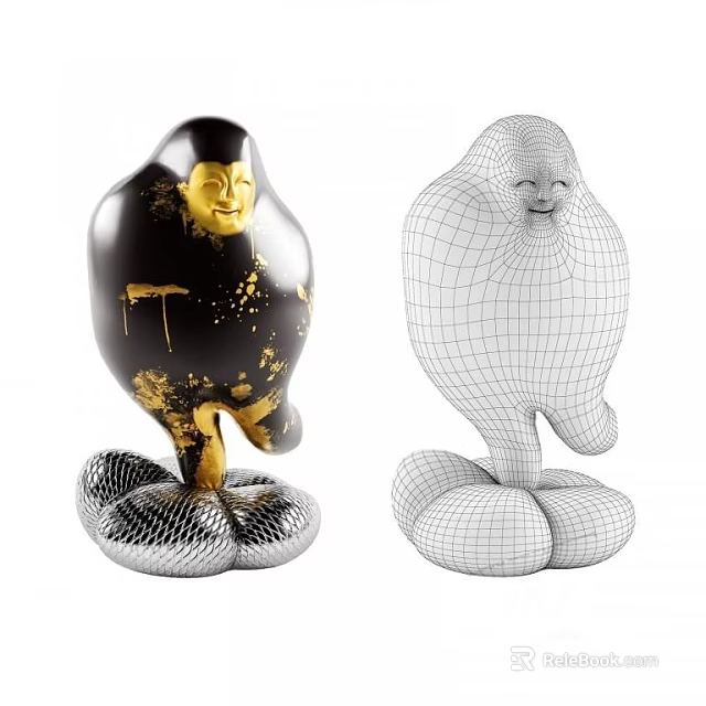 Decorative Figurine Set With Black Gold Design And Wireframe Mesh Petal Base 3d model 