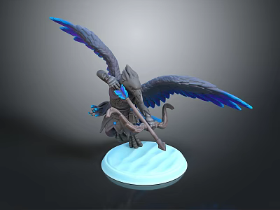 Mythical Avian Warrior With Blue Wings Holding Weapon On Frost Base 3D Model Sculpture 3d model