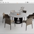 Modern Round Marble Dining Table Set with Black Base Six Light Brown Chairs and Tabletop Decor 3d model
