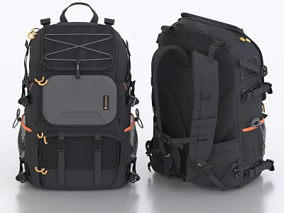 Black Backpack With Multiple Compartments And Orange Accents Front Back View 3d model
