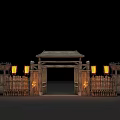 Ancient Wooden Gate Structure With Watchtowers Lit Torches And Palisade Fence