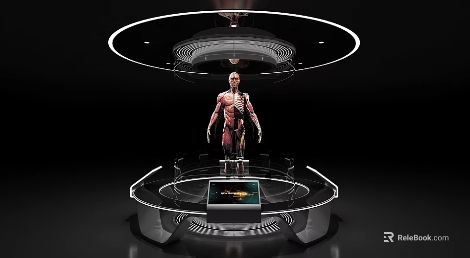 Contemporary Exhibition Hall Display With Transparent Stand Human Anatomy Model And Digital Screen 3d model 