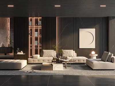 Modern Living Room Interior With Light Colored Sofas Circular Artwork And Illuminated Shelving 3d model