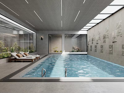 Indoor Swimming Pool Area With Sun Loungers Modern Ceiling And Plants 3d model