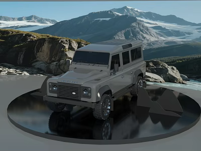 Gray Off-Road Vehicle Showcased On Reflective Platform Against Snow-Capped Mountains And Rocks 3d model
