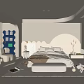 Modern Bedroom Interior With Curved Lighting And White Decor Bedhead Kids Bookshelf And Cozy Seating