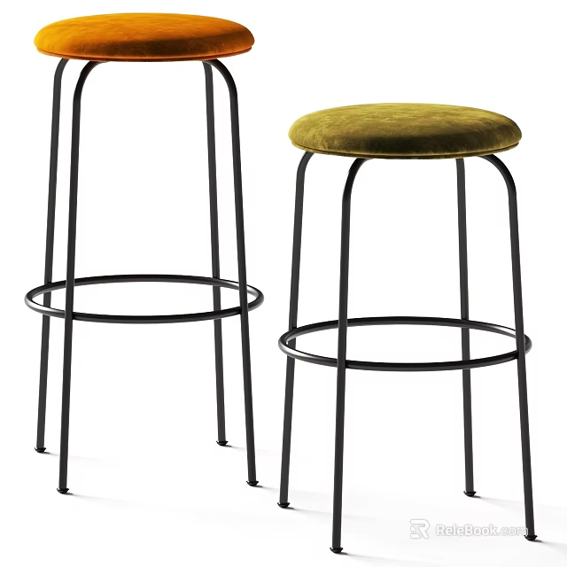 Modern Bar Stools With Black Metal Frame And Yellow Velvet Upholstered Seat 3d model 