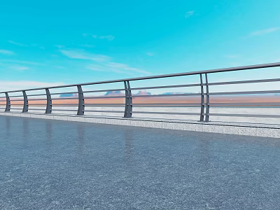 Modern Metal Fence with Horizontal Bars on Gray Concrete Against Blue Sky and Clouds 3d model