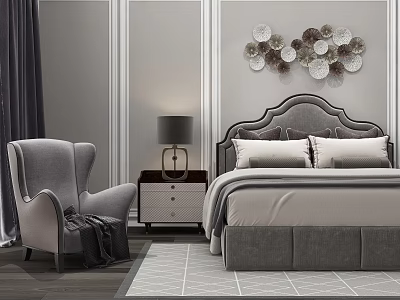 Gray Upholstered Double Bed In Modern Bedroom With Nightstand Table Lamp Armchair And Wall Decor 3d model
