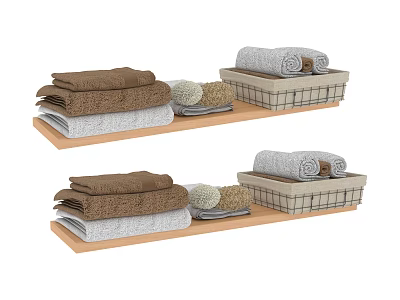 Folded Brown Gray Towels On Wooden Shelves With Rolled Towels In Wire Baskets 3d model