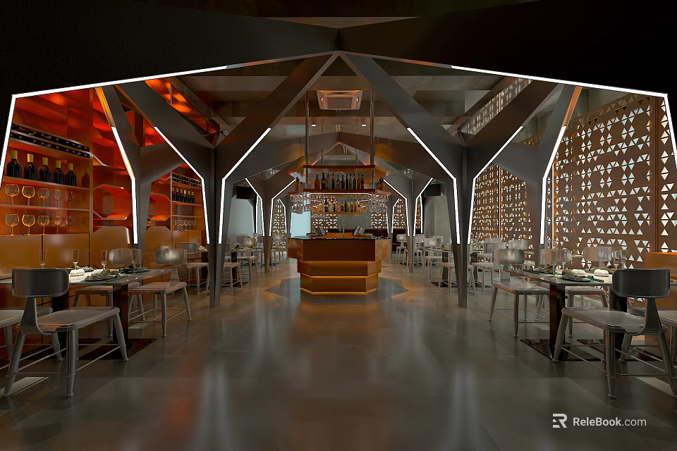 Modern Bar Interior With Wooden Counter Leather Seats And Ambient Lighting Design 3d model 