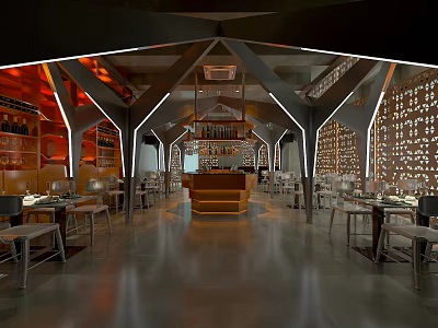 Modern Bar Interior With Wooden Counter Leather Seats And Ambient Lighting Design 3d model